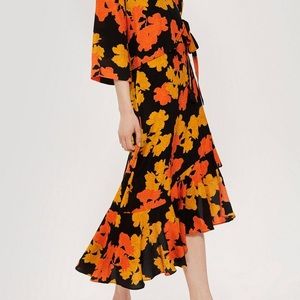 Topshop Skirt Midi Skirt Floral Asymmetrical Ruffle Boho Women’s Size 8